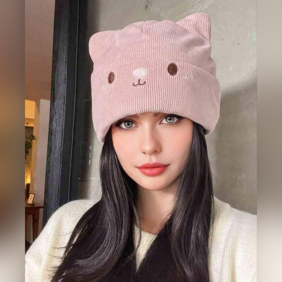 Cat Ear Devil Knitted Beanie Women Kawaii Winter Pink - Picture 7 of 17